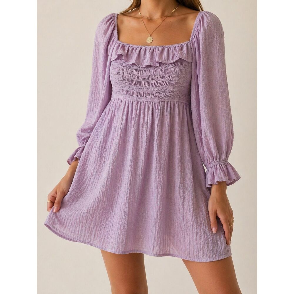 Blu Pepper Lavender Smocked Mini Dress S Cottagecore Boho Ruffle Neck Peasant